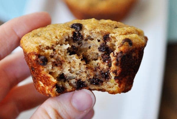 hand holding a chocolate chip muffin with a bite taken out