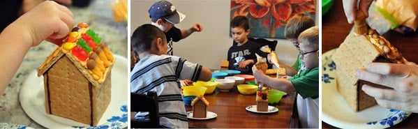 side by side pictures of boys decorating graham cracker houses