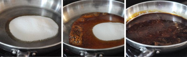 side by side pictures of sugar being melted in a pan