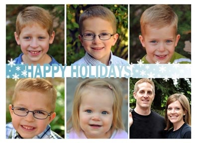 a Christmas card that has five kids, parents, and the words Happy Holidays