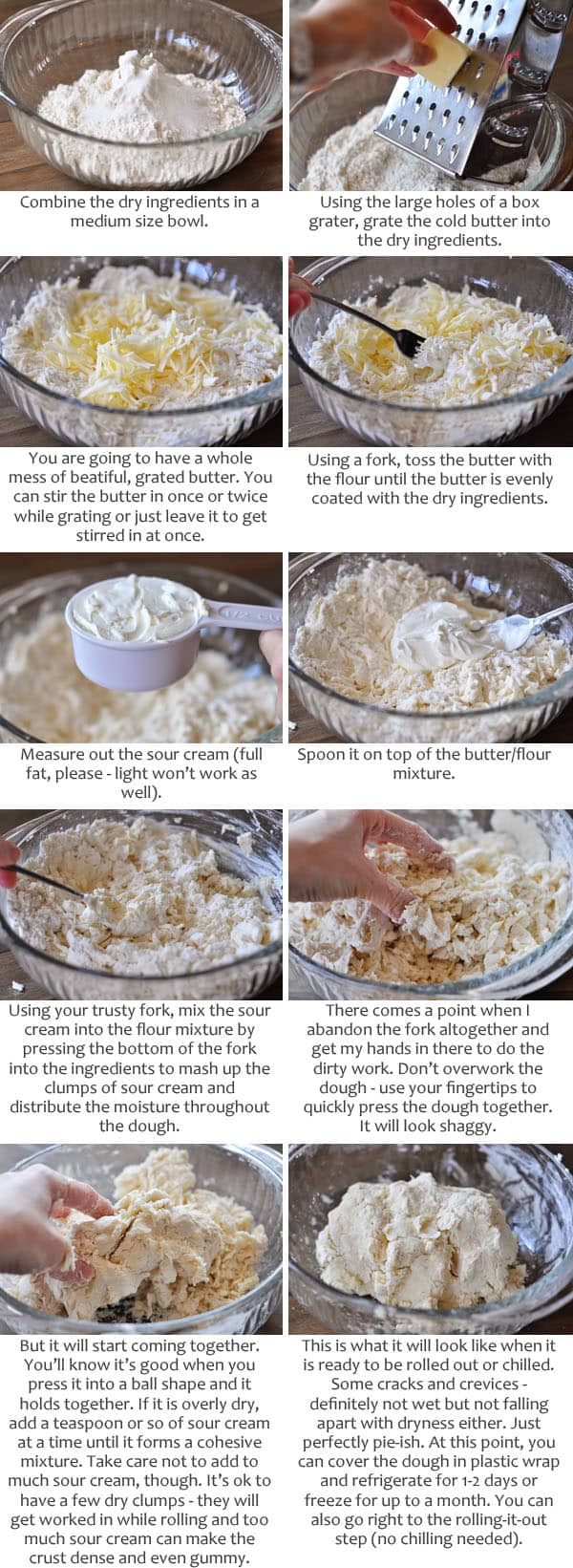 collage of pictures and text of how to mix and make pie crust dough