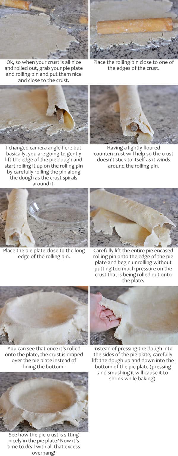 collage of pictures and text of how to roll and place a pie crust into the dish