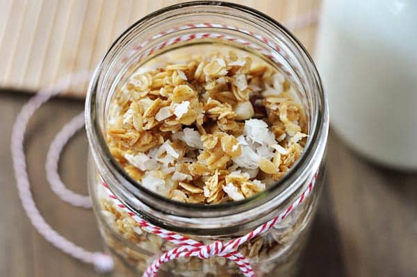 Mason jar of homemade coconut granola.