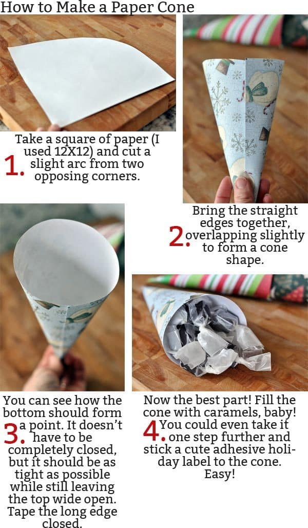 collage of pictures and text showing how to make a paper cone