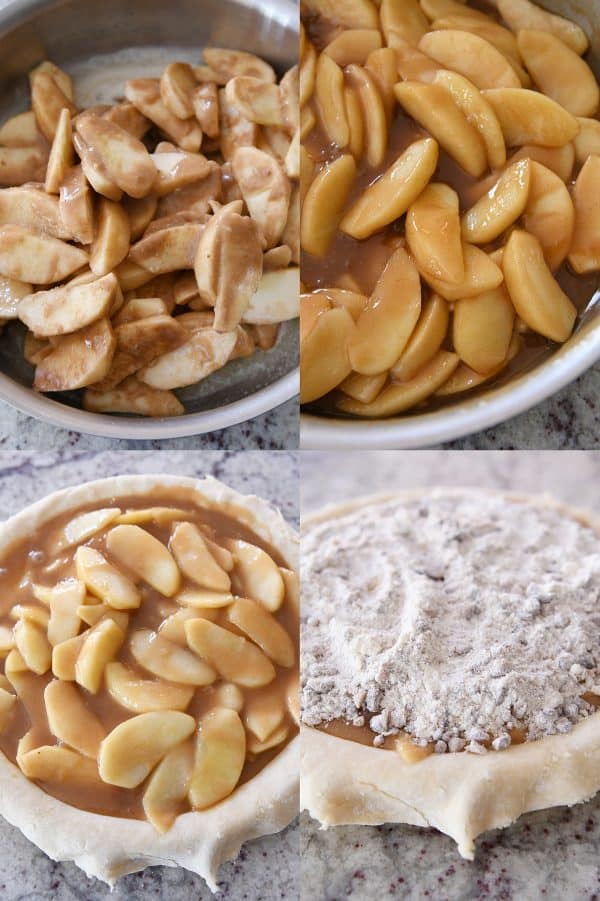 Cooking caramel apples in stainless pan, putting apples and toffee crumble filling in pie crust.