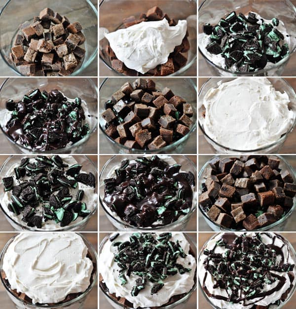 collage of pictures showing how to make a brownie Oreo trifle