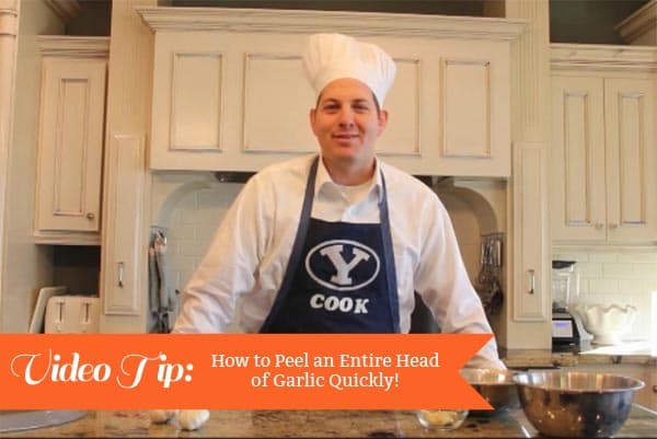 picture of a man in a chef hat with the text How To Peel An Entire Head of Garlic