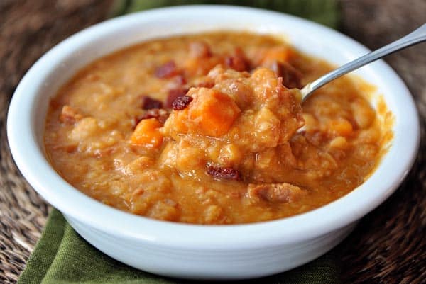 Ham, sweet potato and white bean soup with bacon {slow cooker}