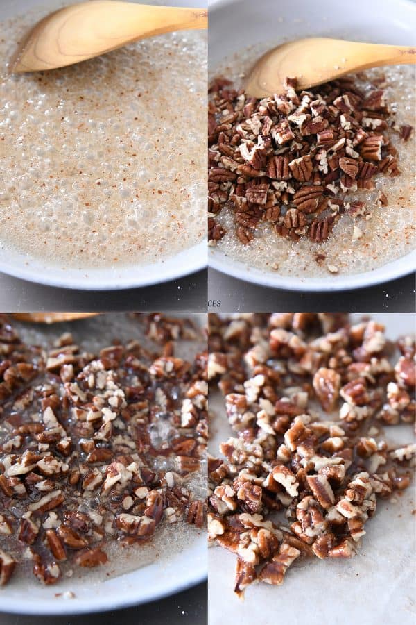 how to collage showing boiling sugar, adding nuts to boiling sugar, stirring nuts in boiling sugar, spreading nuts on parchment paper