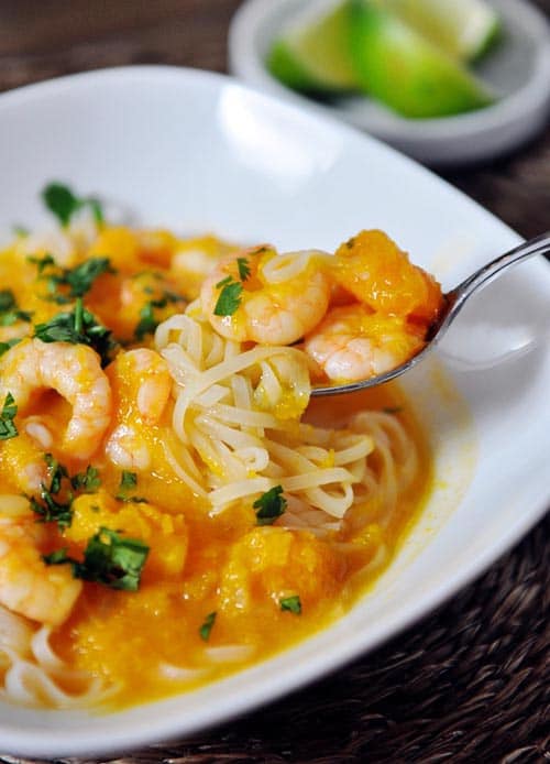 butternut squash and coconut curry soup with shrimp and rice noodles