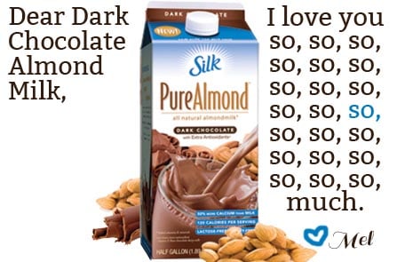 A carton of Silk PureAlmond dark chocolate almond milk with text all around it.