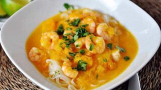 Butternut Squash and Coconut Curry Soup with Shrimp and Rice Noodles