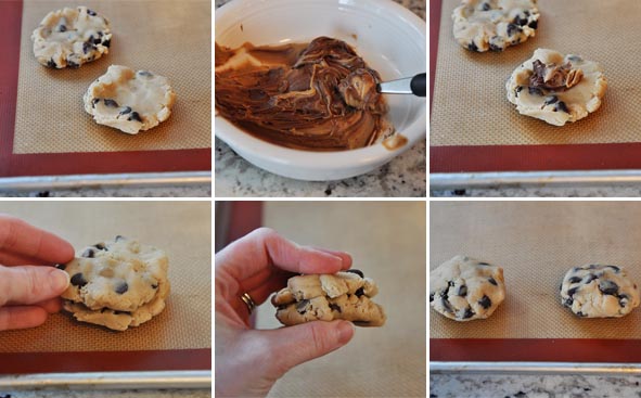 collage of pictures of how to stuff a chocolate chip cookie with Nutella filling