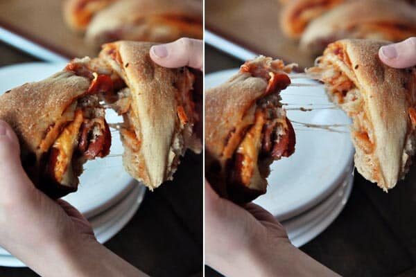 Two side-by-side pictures of someone pulling apart a whole wheat pizza roll.