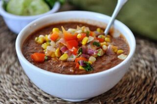 Fire-Roasted Tomato and Black Bean Soup with Fresh Corn Salsa
