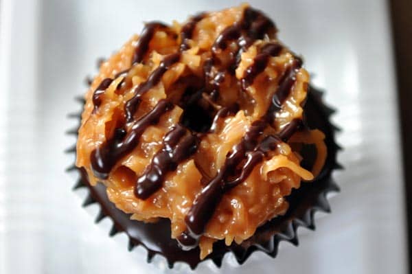 Top view of a samoa coconut and chocolate drizzled cupcake.