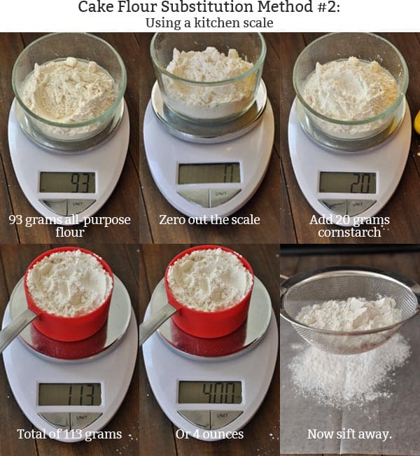 collage of pictures showing a food scale in various stages of measuring flour