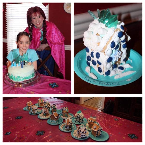 collage of pictures of decorated Frozen-themed gingerbread houses