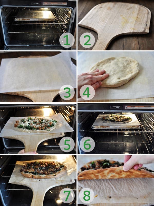 collage of pictures showing how to cook a pizza on a pizza stone