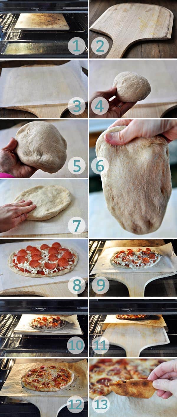 collage of thirteen pictures showing how to cook a pizza start to finish on a pizza stone