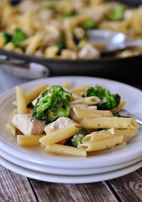 A white plate with a helping of broccoli chicken pasta.