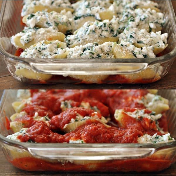two pictures of a glass 9x13 dish full of jumbo pasta shells, one with a red sauce and other just with the filling