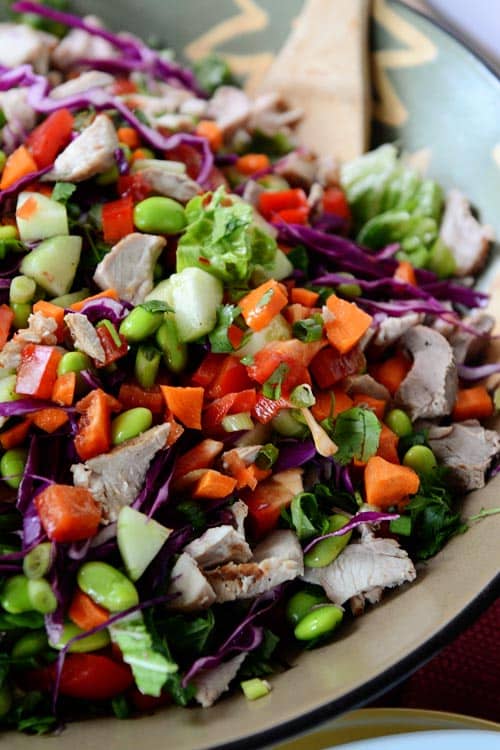 A large bowl full of a colorful veggie-laden Thai crunch salad. 