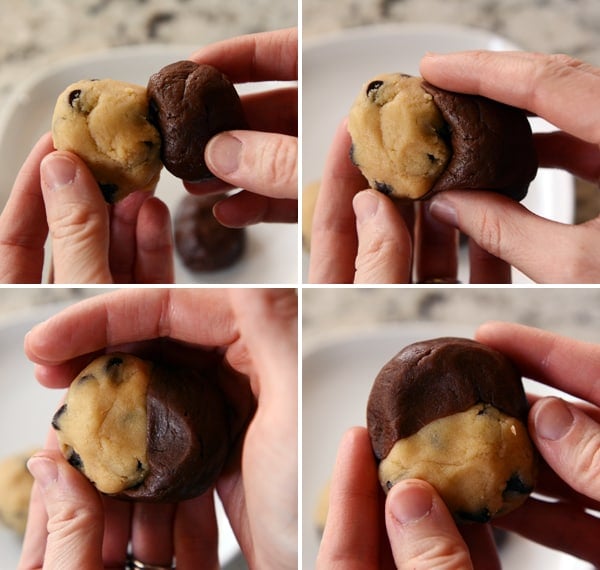 Collage of pictures showing how to combine raw dough to make brookies.