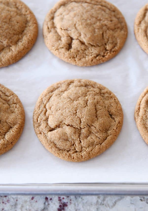 Soft and chewy ginger molasses cookie baked on sheet pan.