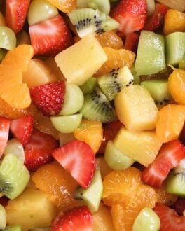 Closeup of honey lime fruit salad.