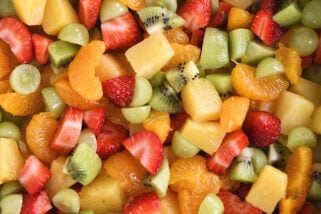 Closeup of honey lime fruit salad.