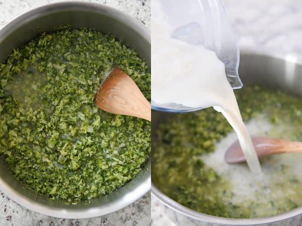 pouring milk mixture into steamed broccoli