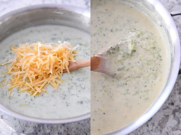 Stirring cheese into broccoli cheese soup.