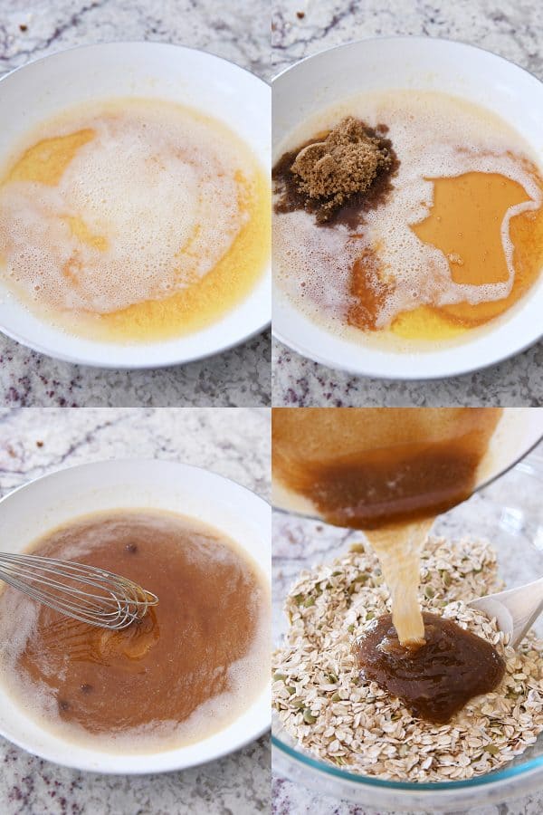 Step by step of brown butter, adding sugar to butter, pouring syrup over granola ingredients.