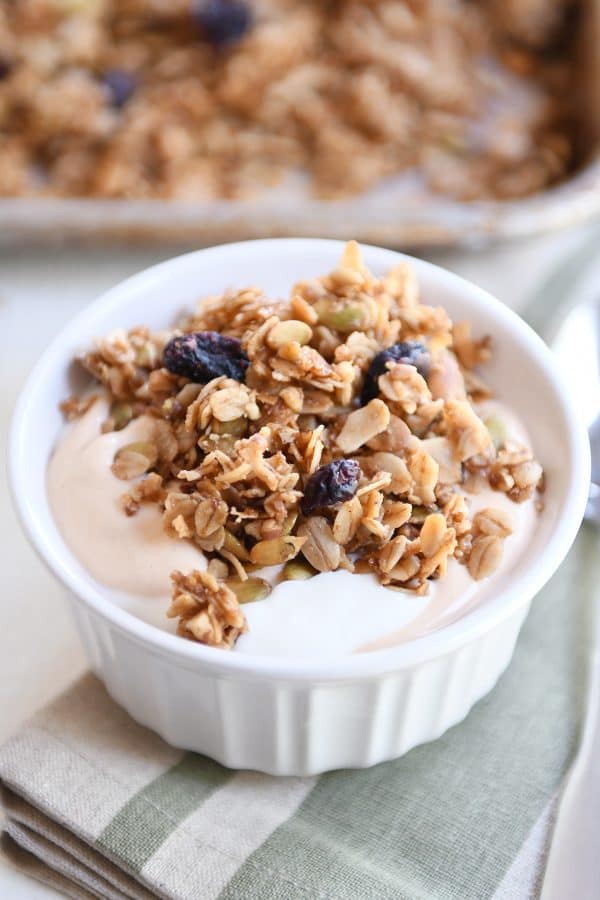 white bowl with yogurt and brown butter pecan granola and craisins