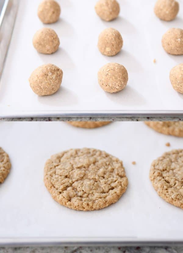 Unbaked and baked oatmeal cream pie cookies.