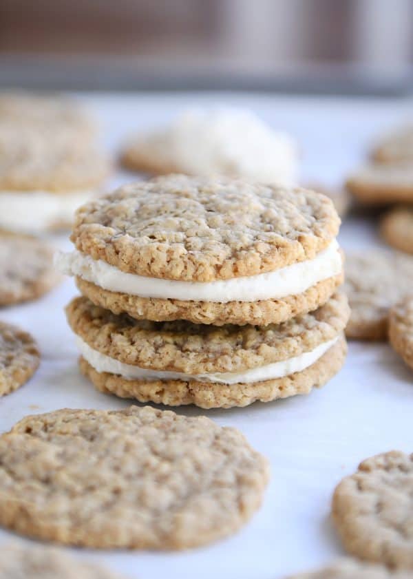 Two homemade oatmeal cream pies stacked on each other.
