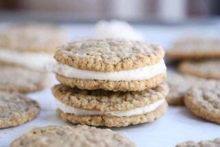 Two homemade oatmeal cream pies stacked on each other.