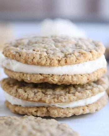 Two homemade oatmeal cream pies stacked on each other.