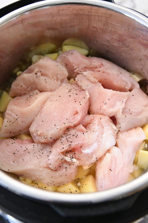 Top down view of instant pot with chicken added.