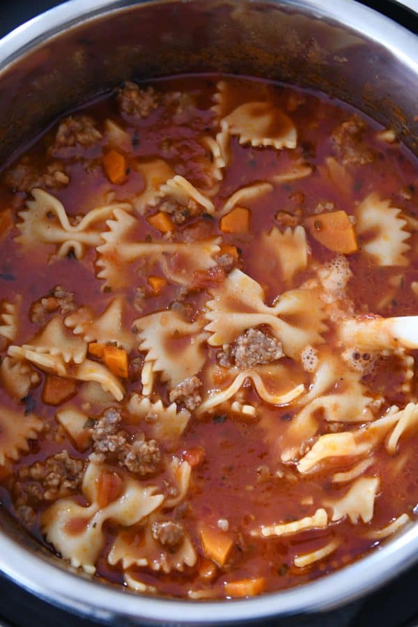 Finished lasagna soup in pressure cooker.