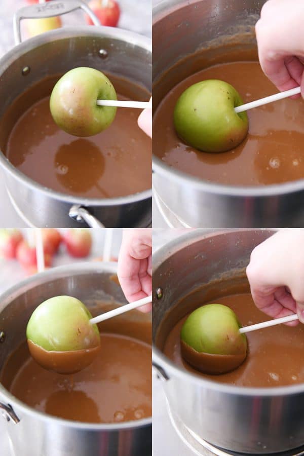 Dipping apple in homemade caramel.