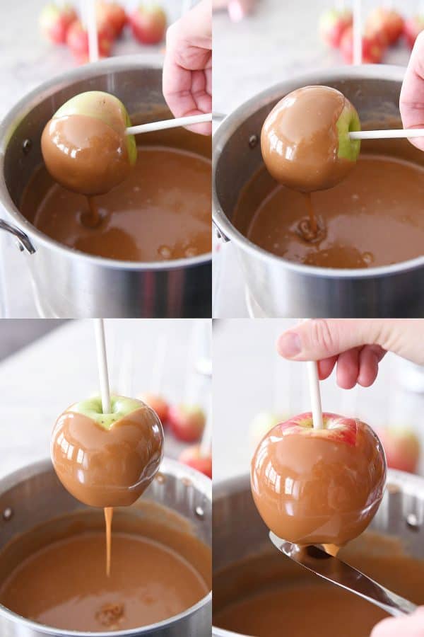 Dipping apple in homemade caramel.