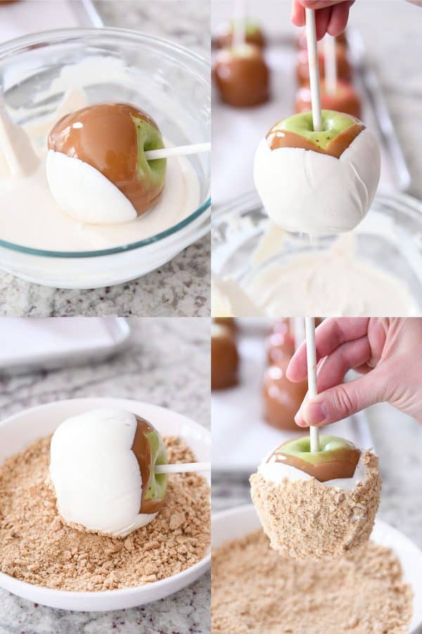 Dipping homemade caramel apples in white chocolate and graham cracker crumbs. 
