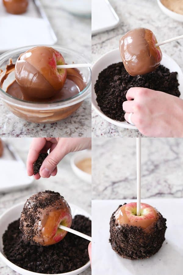 Dipping caramel apple in chocolate and Oreo crumbs.