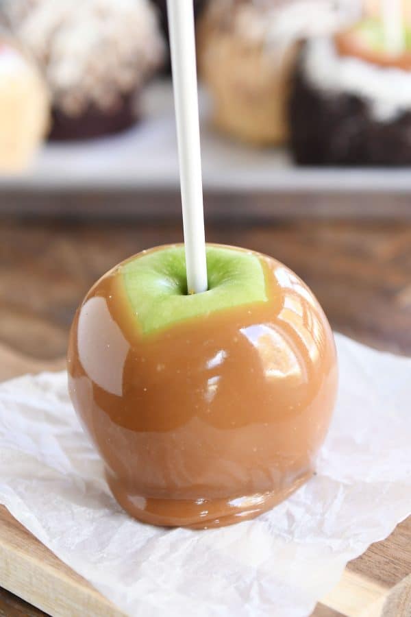 Granny Smith apple dipped in caramel.