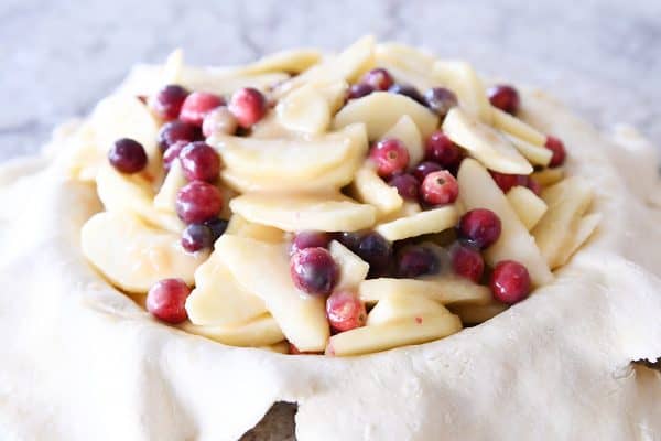 Apple cranberry filling in pie crust.