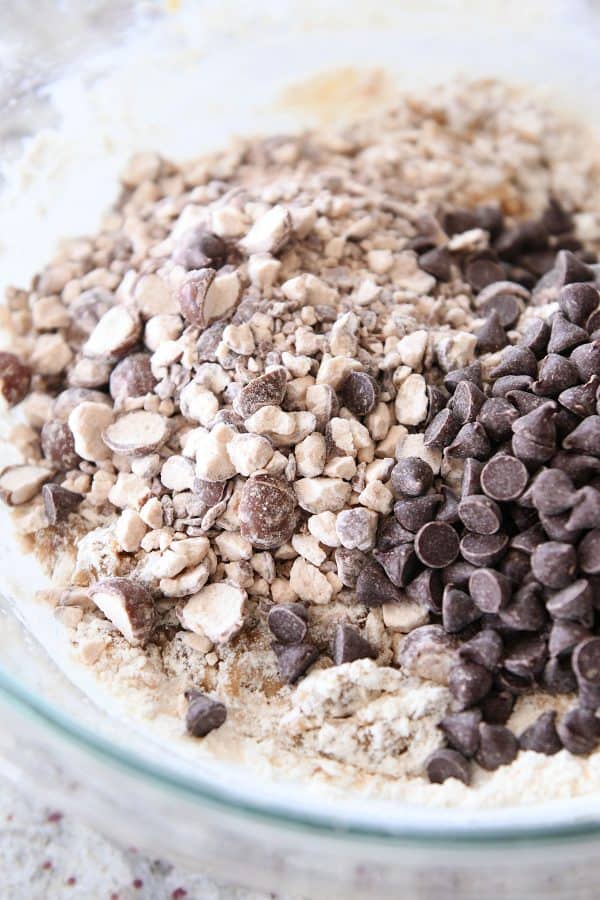 Cookie dough with crushed malted milk balls and chocolate chips.
