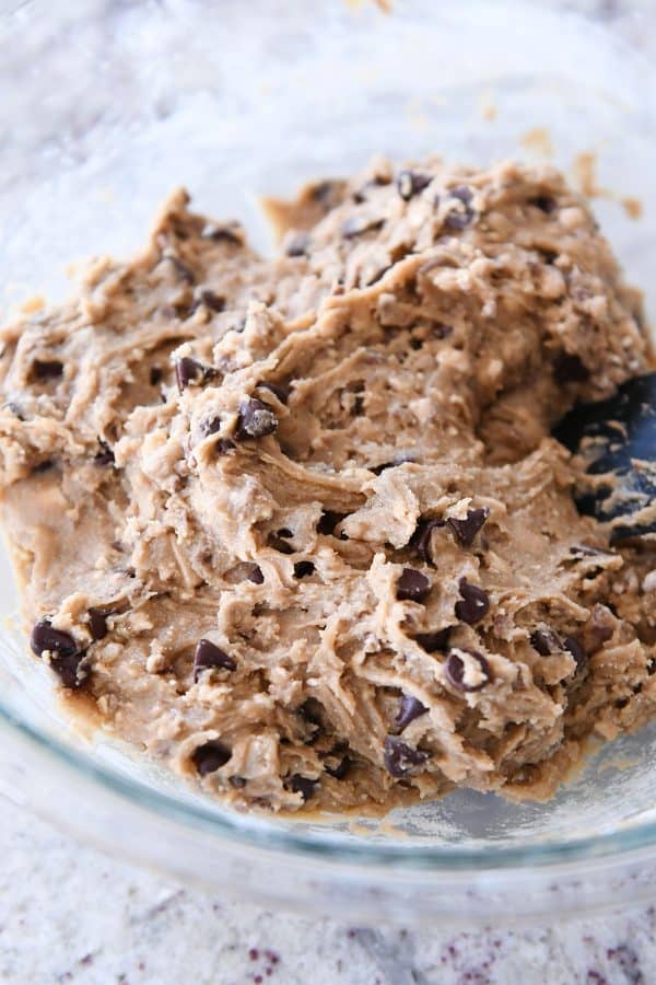 Bowl of malted chocolate chip blondie cookie dough batter.