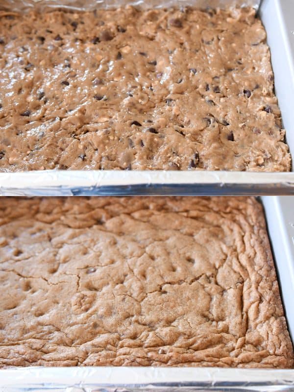 Unbaked and baked pan of malted chocolate chip blondies.